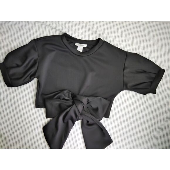 Jasmine Black Puff Sleeve Crop Top with Front Knot Sz Medium - Picture 5 of 10